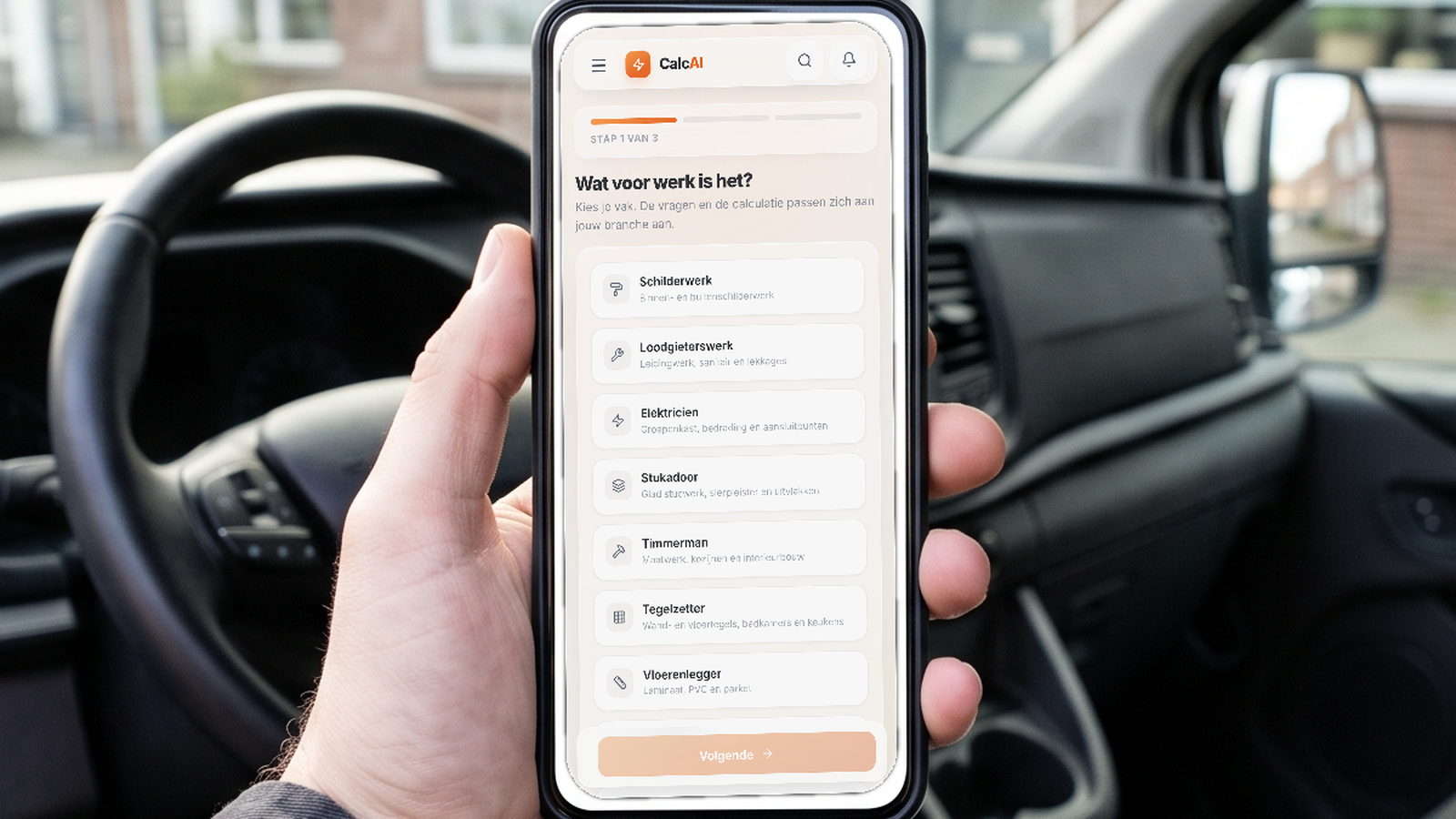 CalcAI: the first step of a quote, choose your trade, on a phone in the cab of a van