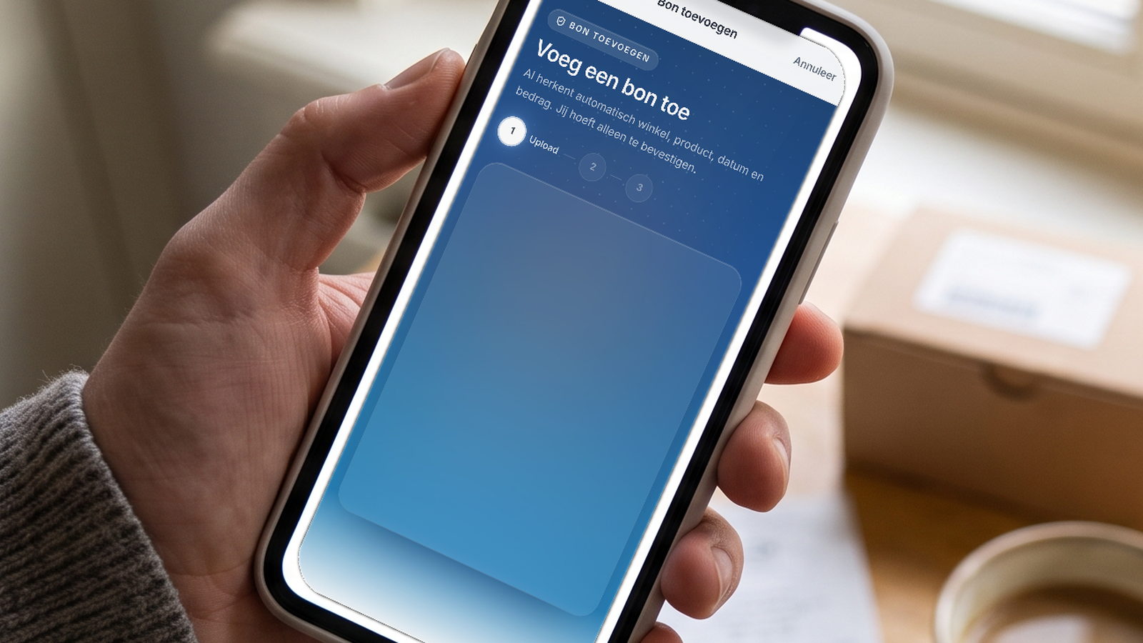 Kassabon.ai: the Add receipt screen on a phone, held above a receipt and a parcel on the kitchen table