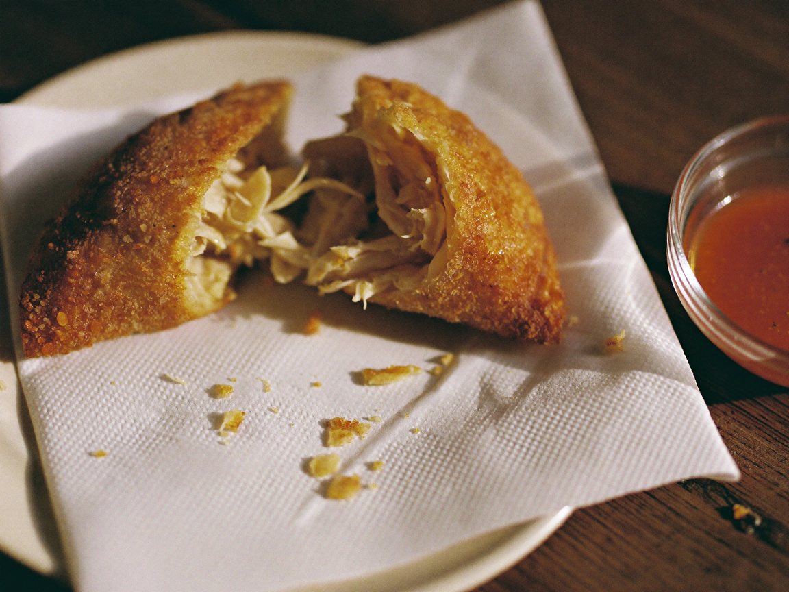 A coxinha broken open with a creamy chicken filling on a napkin, with a small bowl of chilli sauce.