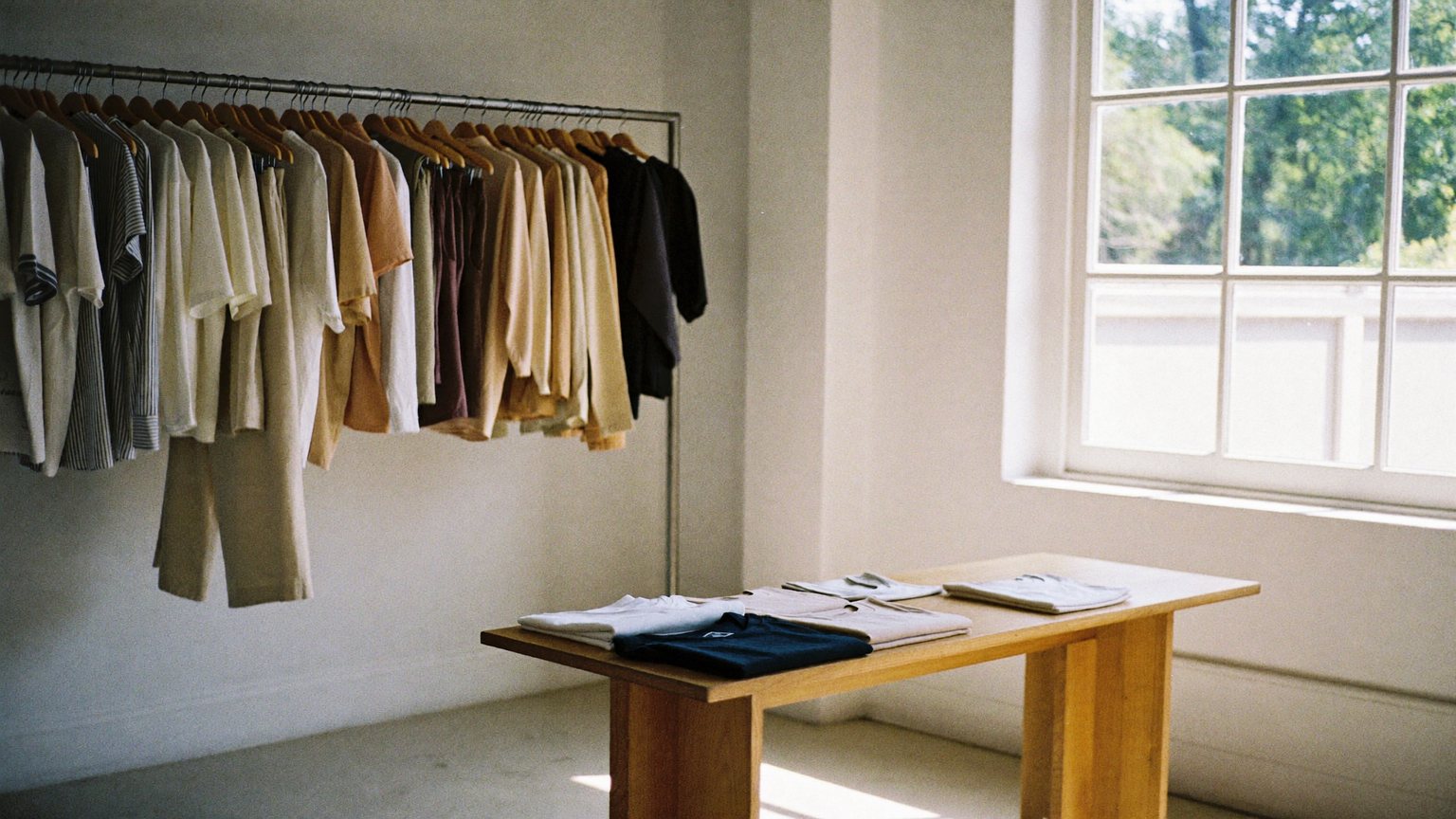 Een licht, strak atelier met een rek crèmekleurige en gebroken witte kleding en opgevouwen T-shirts op een eikenhouten tafel.