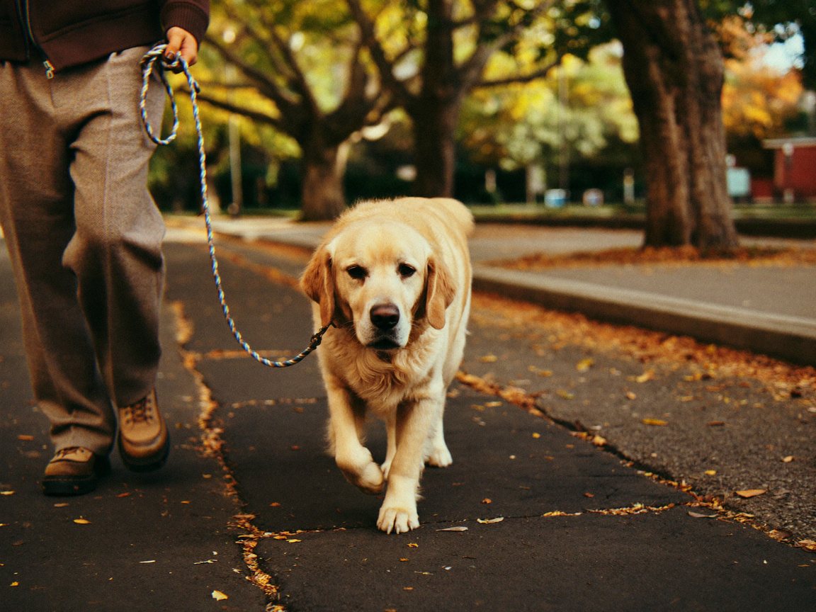 Een golden retriever aan een gevlochten lijn loopt over een rustige straat met bomen in de herfstzon.
