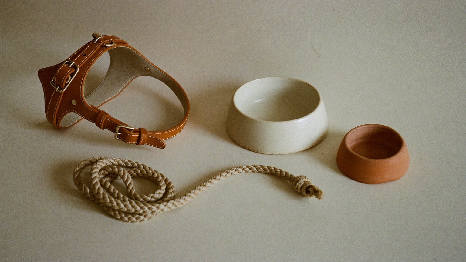 Een leren hondentuig, een gevlochten touwlijn, een keramische bak en een terracotta voerschaal op een crèmekleurige ondergrond.
