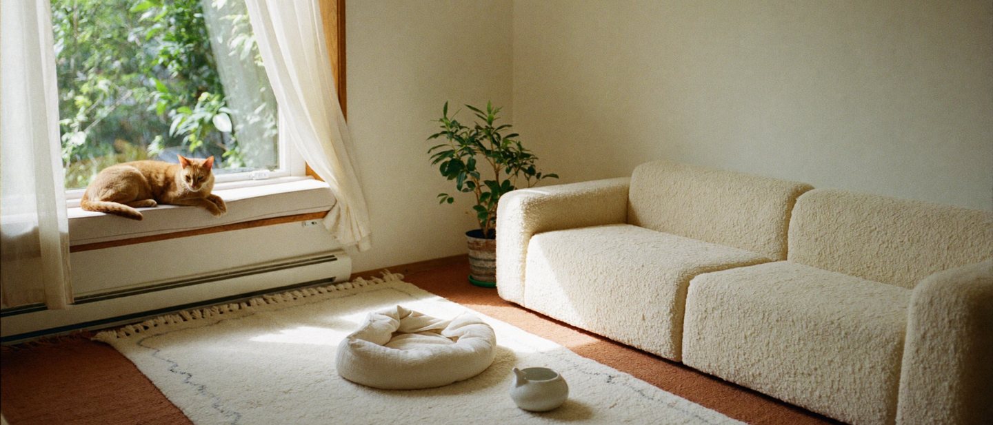 Een lichte woonkamer in crème en terracotta met een rond linnen hondenbed, een kat op een vensterbankkussen en een lage bank.