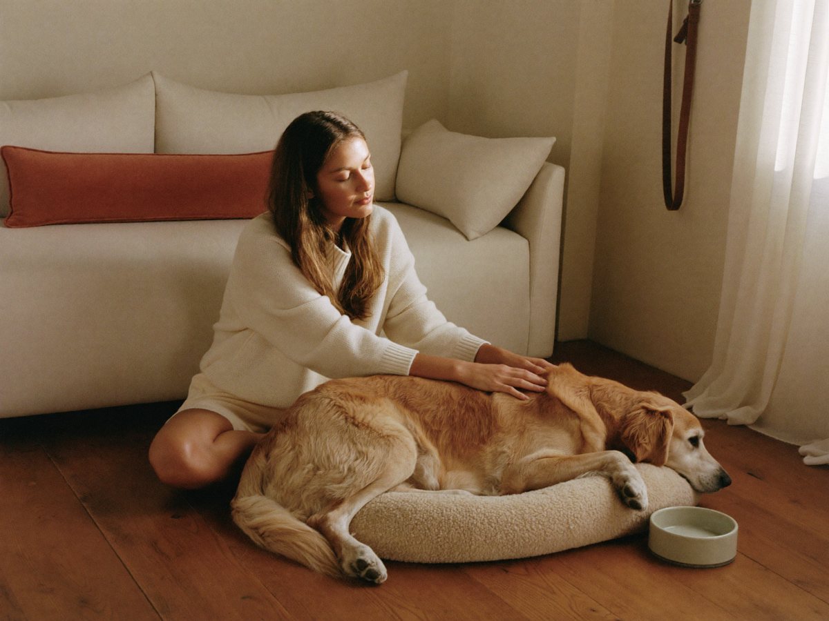 Een vrouw in een crèmekleurige trui zit op de vloer en aait een golden retriever die ligt te rusten op een rond bouclé hondenbed, naast een keramische drinkbak in een lichte woonkamer.