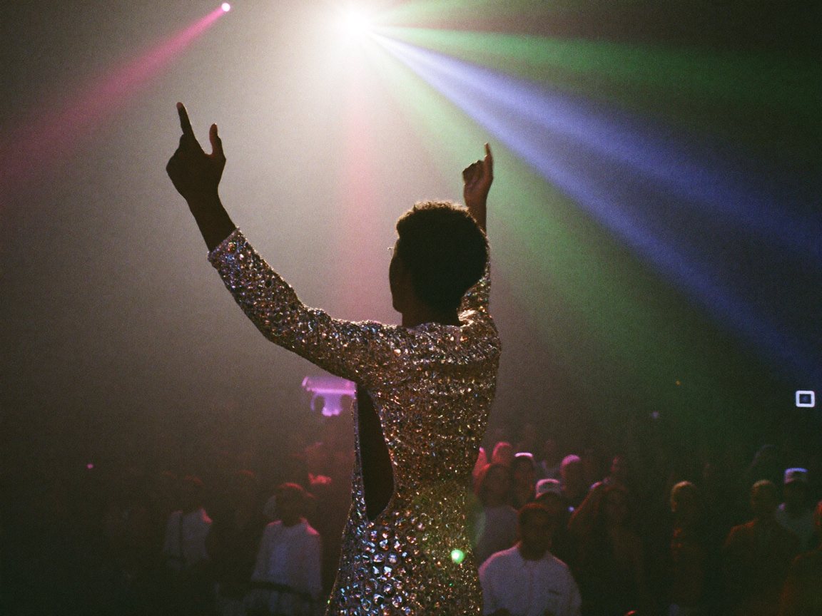 Een artiest in een glitteroutfit staat met de rug naar de camera op een podium en steekt de armen op naar het publiek, in gekleurd licht.