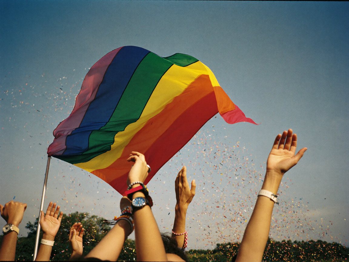 Confetti en een grote regenboogvlag in de lucht boven een feestende menigte op een zonnige middag.