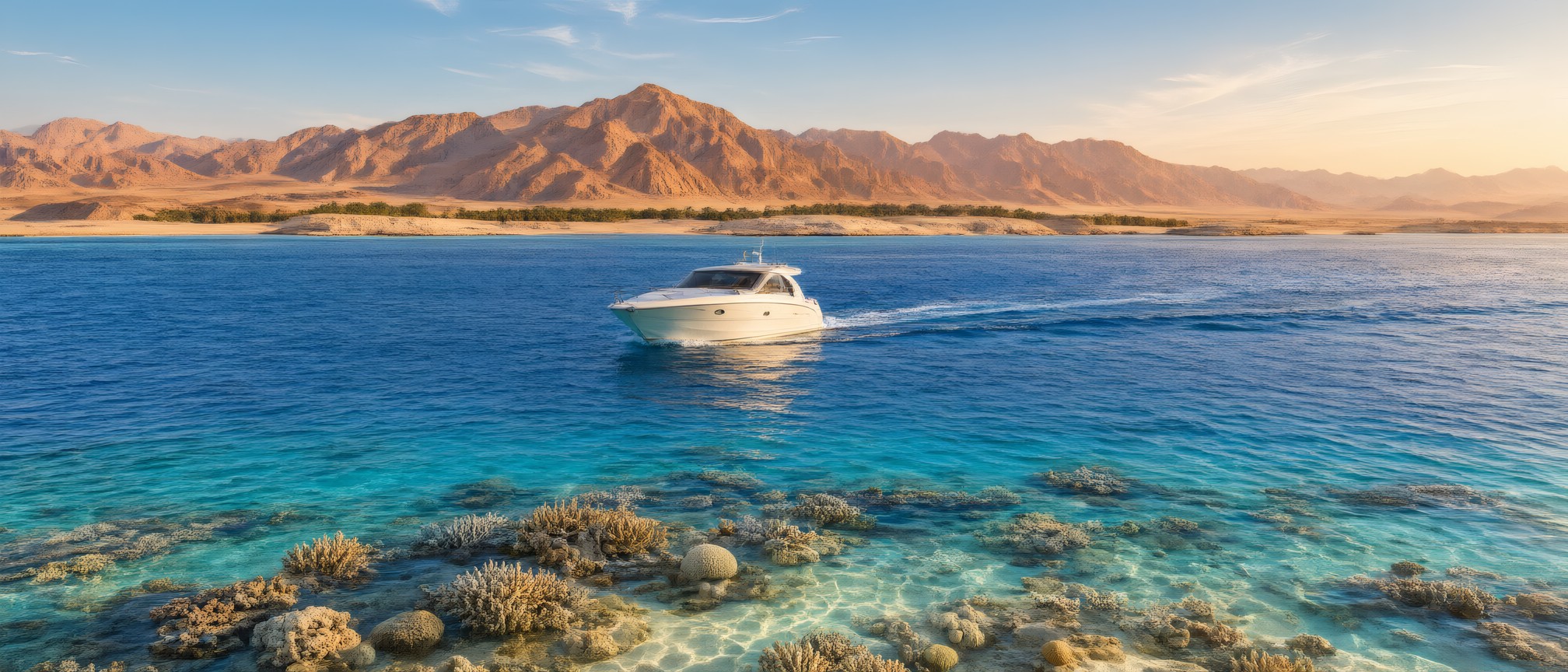 Gegenereerd sfeerbeeld: een motorjacht op turquoise water boven koraal, met de woestijnbergen van de Rode Zeekust erachter.