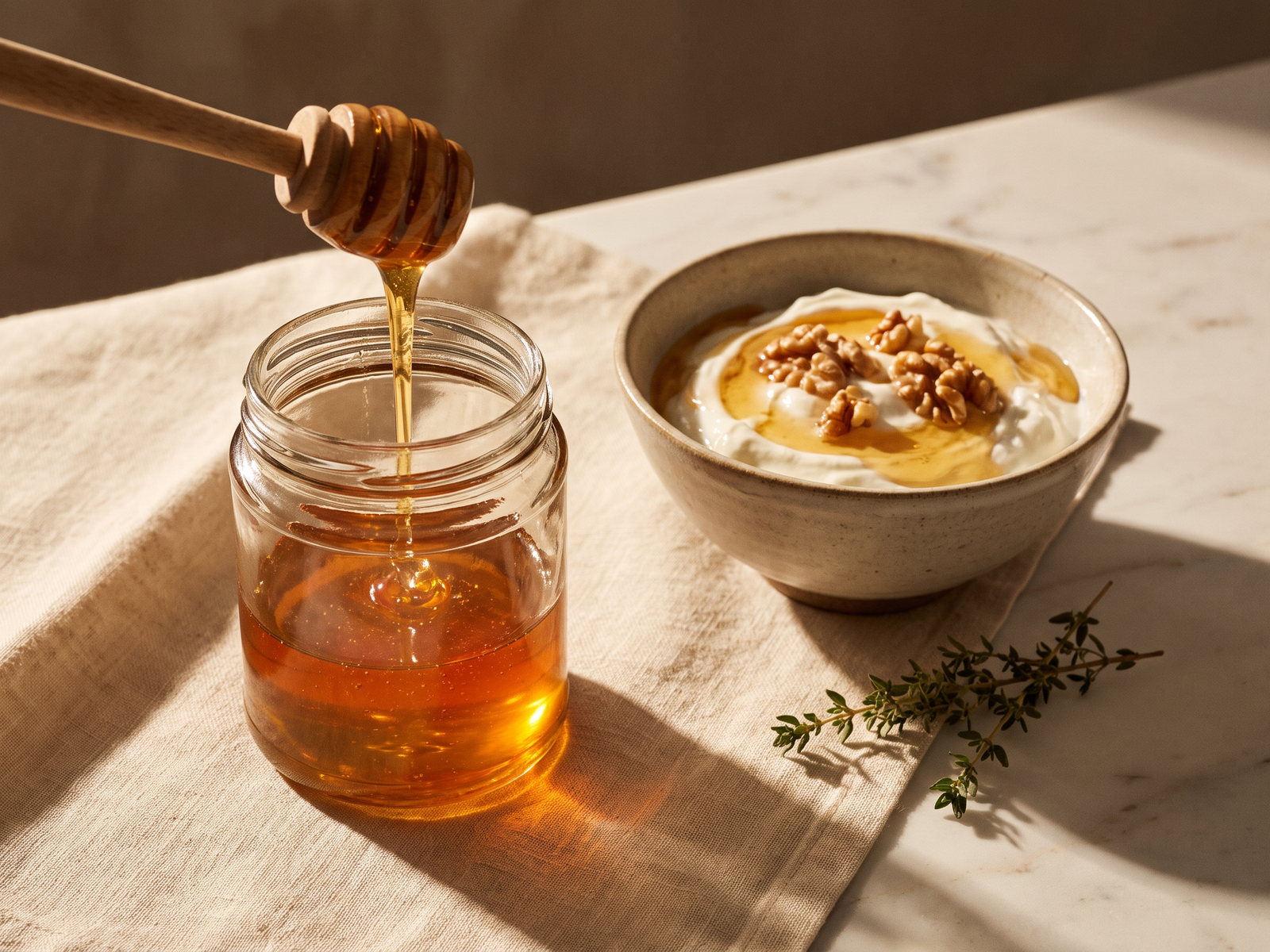 Een houten honinglepel boven een glazen pot waar een lint amberkleurige honing uit stroomt, ernaast een kom Griekse yoghurt met walnoten en een takje tijm, op linnen en marmer in hard zijlicht.
