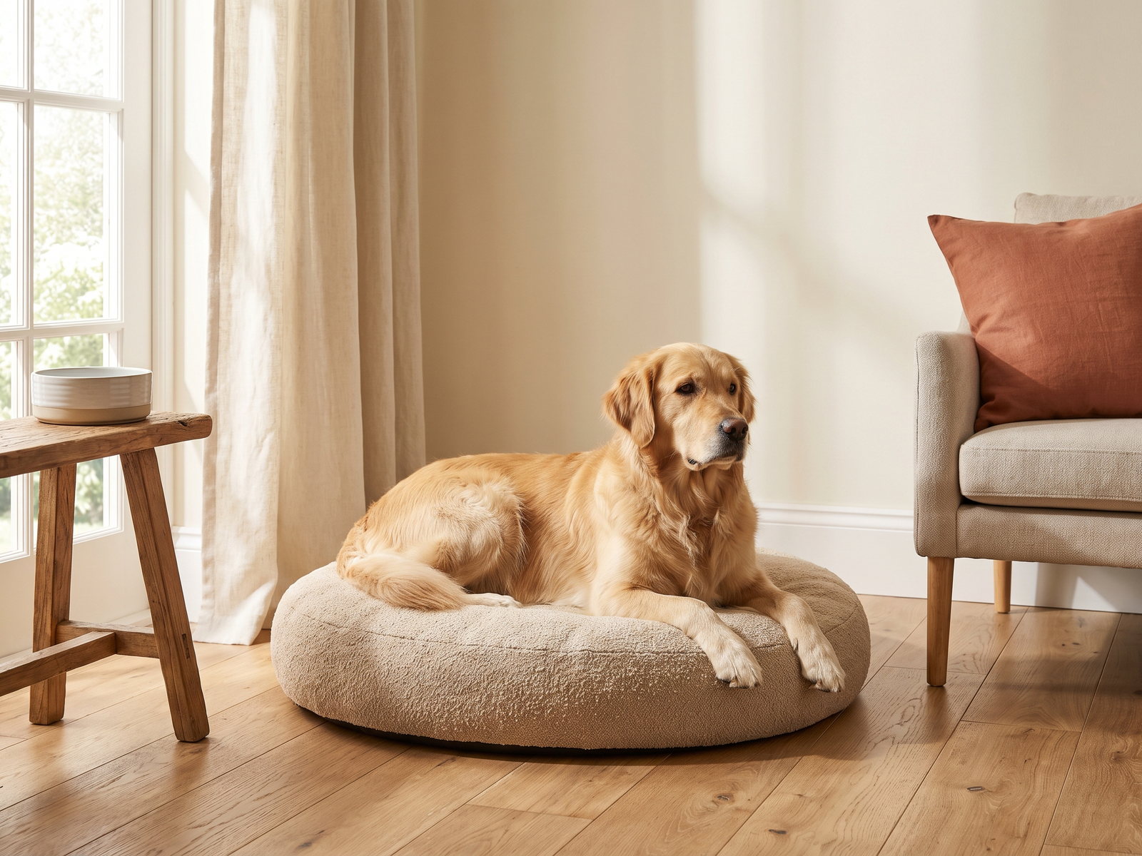 Een golden retriever op een crèmekleurig bouclé hondenbed in een lichte woonkamer met een terracotta kussen op de bank.