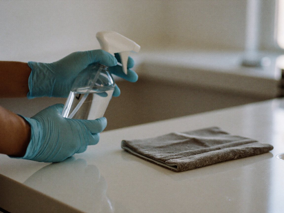 Two hands in light blue gloves hold an unlabelled glass spray bottle above a white counter, a folded grey microfibre cloth beside it.