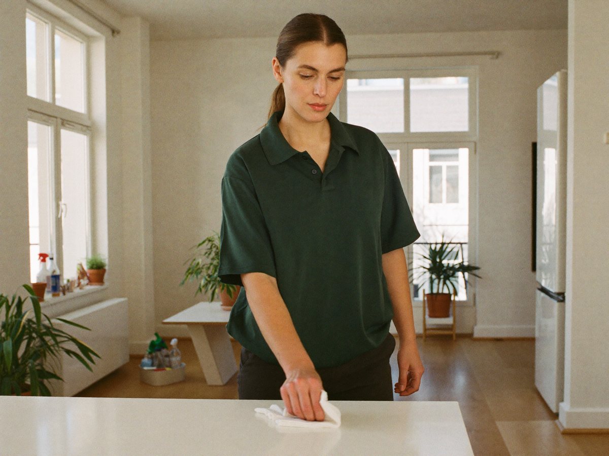 A cleaner in a plain dark green polo wipes the counter of a bright Amsterdam apartment kitchen with a white cloth, tall windows and plants behind her.