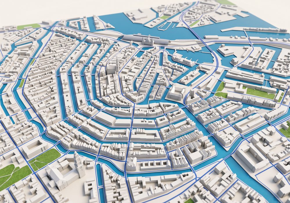 3D-kaart van het centrum van Amsterdam met de grachtengordel, het IJ en Centraal Station