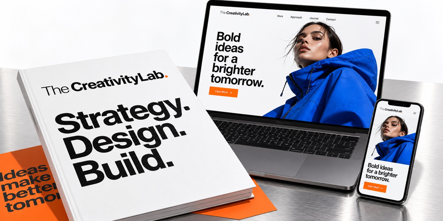 On a brushed steel desk: a white book with The Creativity Lab logo and the words Strategy, Design, Build, next to a laptop and a phone showing the same website with the headline Bold ideas for a brighter tomorrow, an orange sheet underneath.