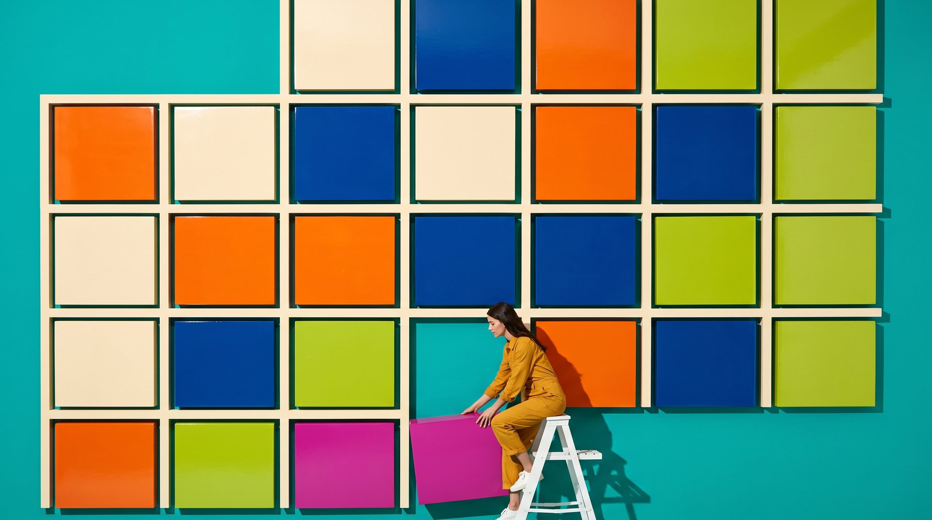 Een reusachtige wandkalender van glanzende gekleurde blokken tegen een teal achtergrond; een vrouw in een gele jumpsuit schuift vanaf een trapje een magenta blok in het laatste lege vak.