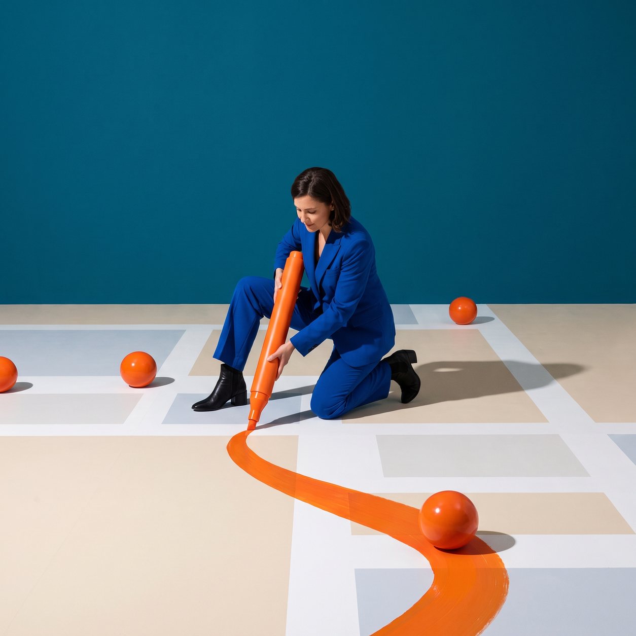 A woman in a cobalt suit kneels on a large pale floor map and draws one bold route across it with a giant orange marker, against a teal backdrop.